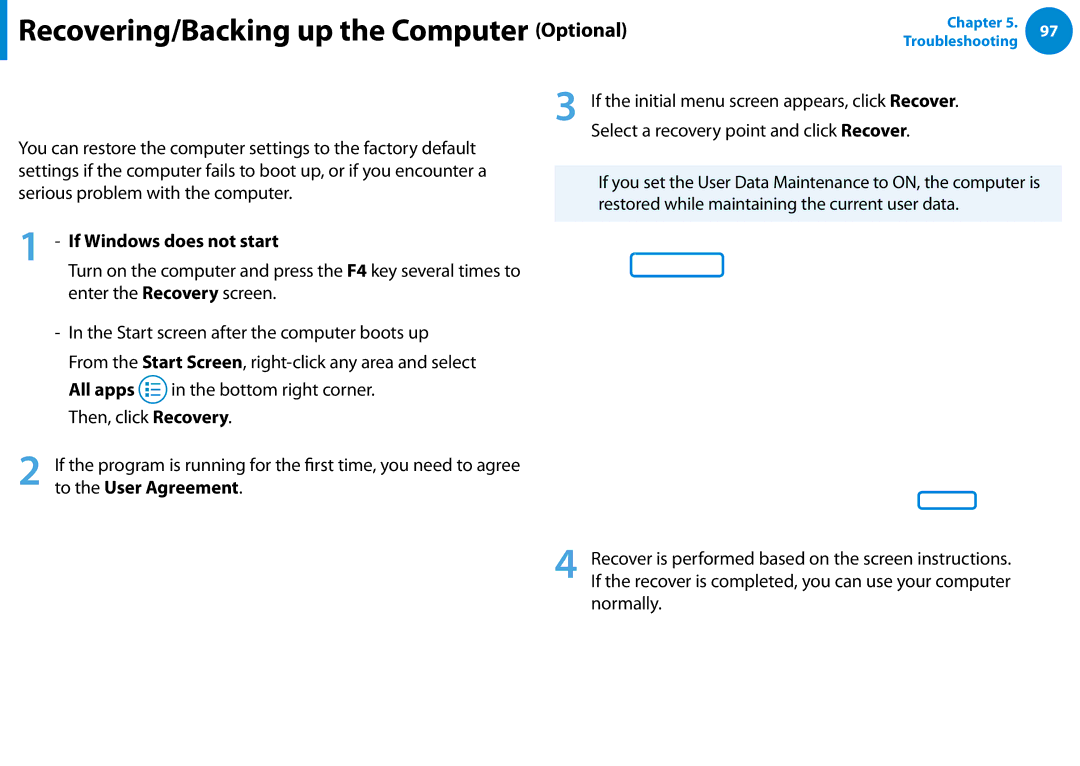 Samsung NP900X4C-A06US manual Recovering, Select a recovery point and click Recover, If Windows does not start, Normally 