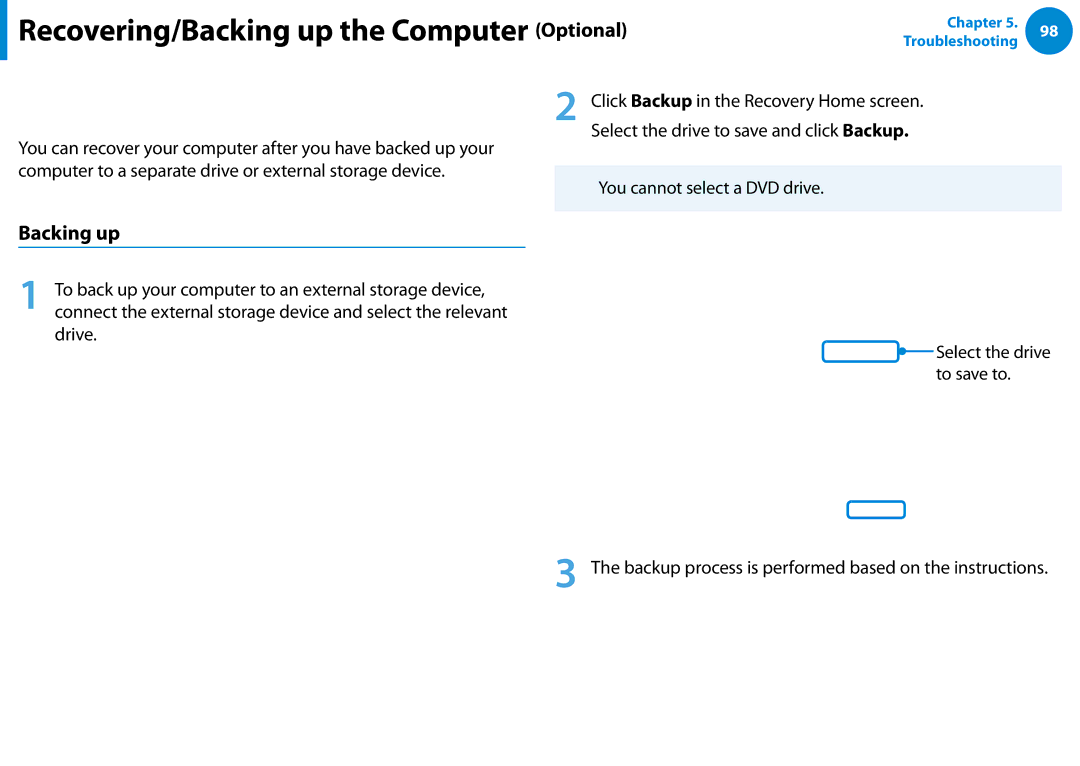 Samsung NP900X4C-A07US, NP900X3D-A02US, NP900X3CA02US Recovering after a Backup, Backing up, You cannot select a DVD drive 