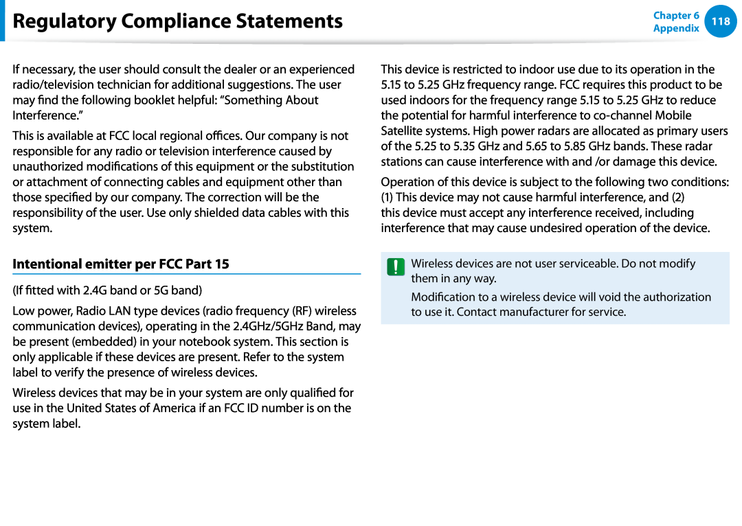 Samsung NP900X3DA01US, NP900X3D-A02US, NP900X3CA02US Intentional emitter per FCC Part, Regulatory Compliance Statements 