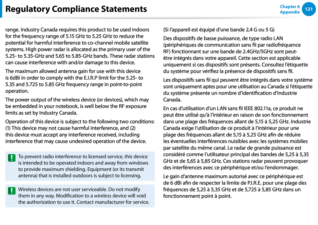 Samsung NP900X3C-A05US, NP900X3D-A02US Regulatory Compliance Statements, Si l’appareil est équipé d’une bande 2,4 G ou 5 G 