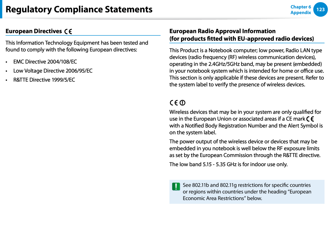 Samsung NP900X4DA07US manual European Directives, European Radio Approval Information, Regulatory Compliance Statements 