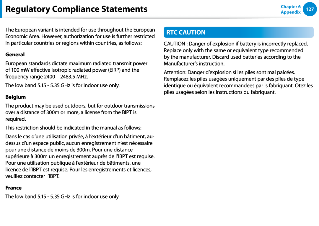 Samsung NP900X4C-A06US, NP900X3D-A02US manual Rtc Caution, Regulatory Compliance Statements, General, Belgium, France 