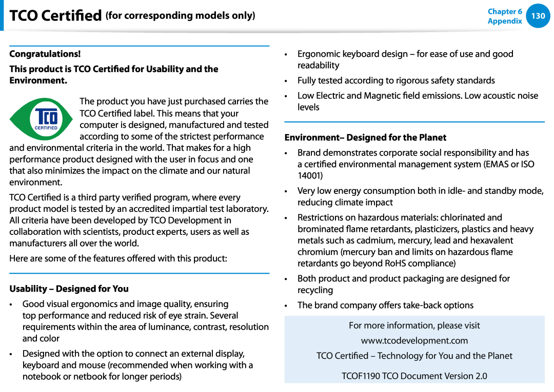 Samsung NP900X3FK01US manual TCO Certified for corresponding models only, Congratulations, Usability - Designed for You 