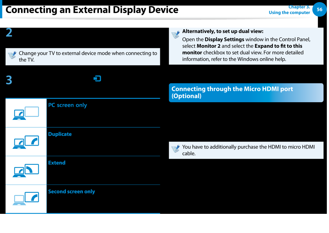 Samsung NP900X3EK01US Connecting an External Display Device, Connecting through the Micro HDMI port Optional, Duplicate 
