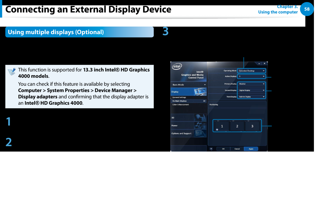 Samsung NP900X3DA01US, NP900X3D-A02US manual Using multiple displays Optional, Connecting an External Display Device, models 