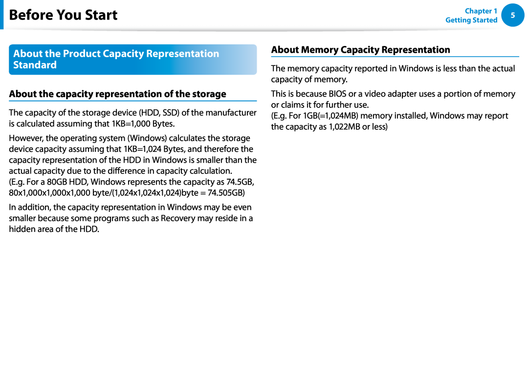 Samsung NP900X4C-K01US manual About the Product Capacity Representation Standard, About Memory Capacity Representation 