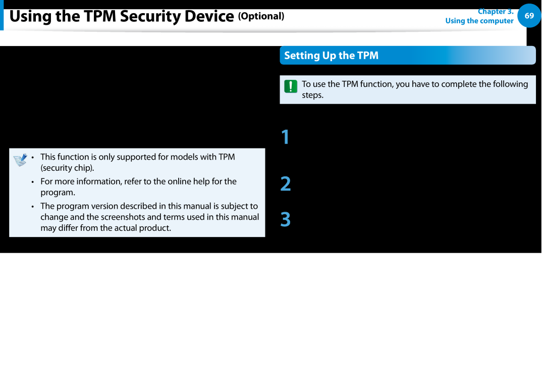 Samsung NP900X3E-K01US, NP900X3D-A02US, NP900X3CA02US manual Using the TPM Security Device Optional, Setting Up the TPM 