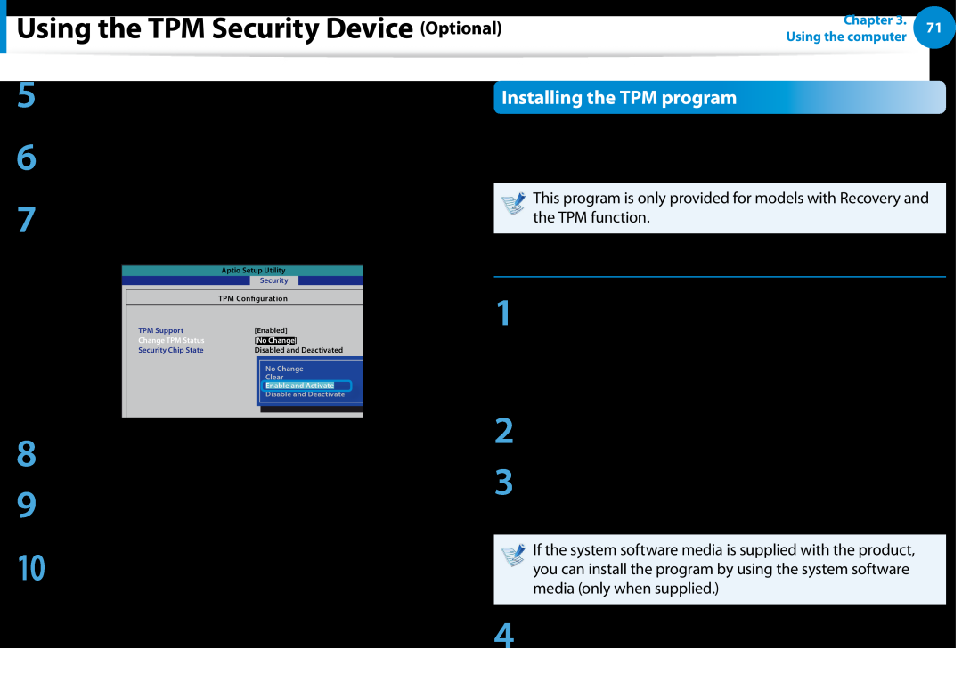Samsung NP900X3EK01US, NP900X3D-A02US manual Installing the TPM program, Method, Using the TPM Security Device Optional 
