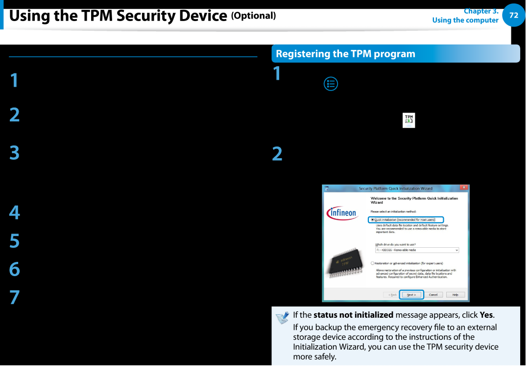 Samsung NP900X3E-A02US manual Registering the TPM program, Using the TPM Security Device Optional, Method, All apps 