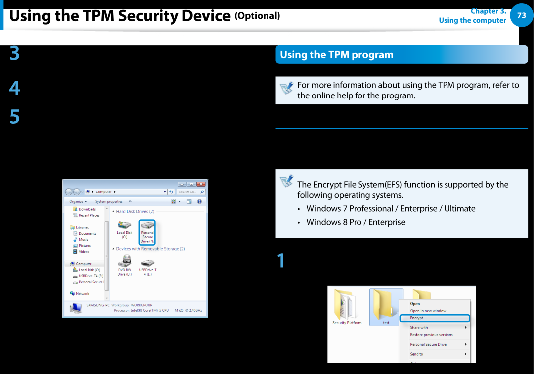 Samsung NP900X3DA01US manual Using the TPM Security Device Optional, Using the TPM program, Encrypting a file folder 