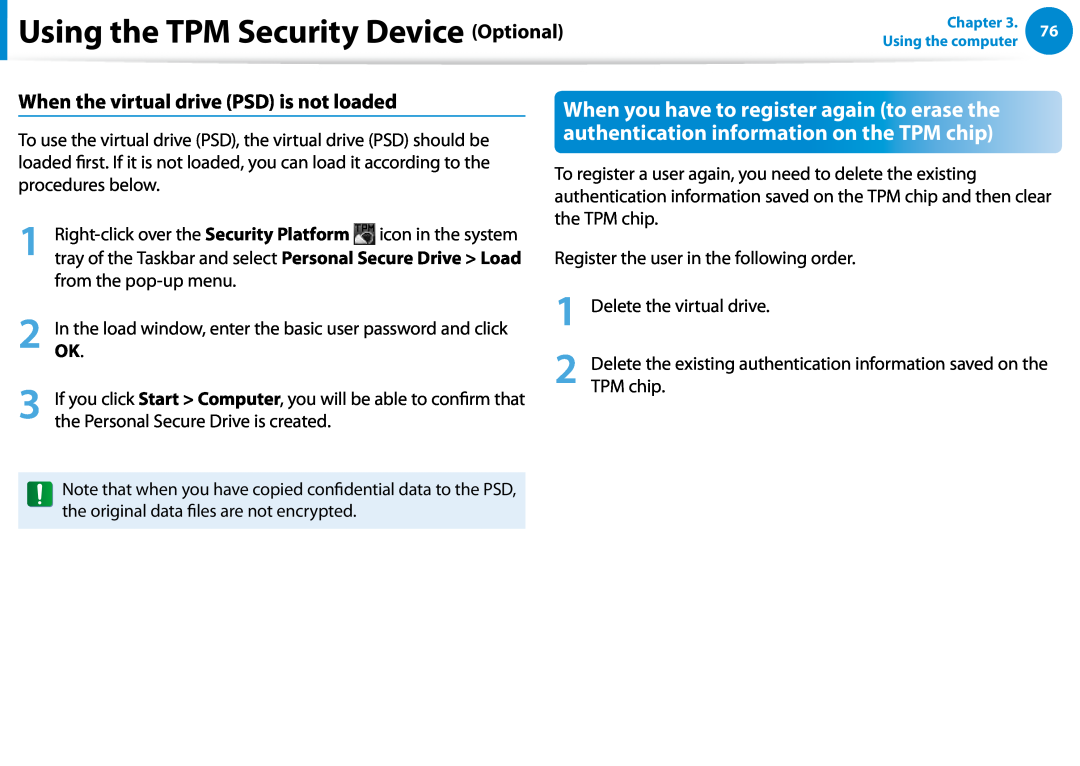 Samsung NP900X3C-A05US, NP900X3D-A02US When the virtual drive PSD is not loaded, Using the TPM Security Device Optional 