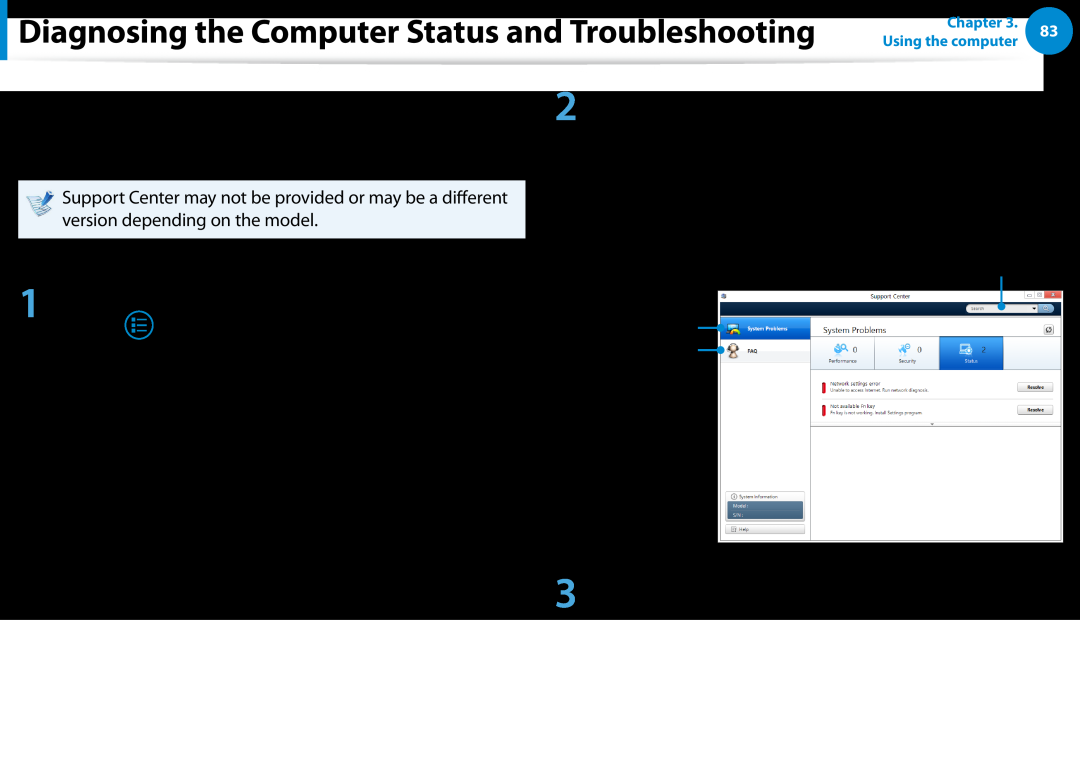 Samsung NP900X4C-A07US manual Diagnosing the Computer Status and Troubleshooting, All apps, Then, click Support Center 