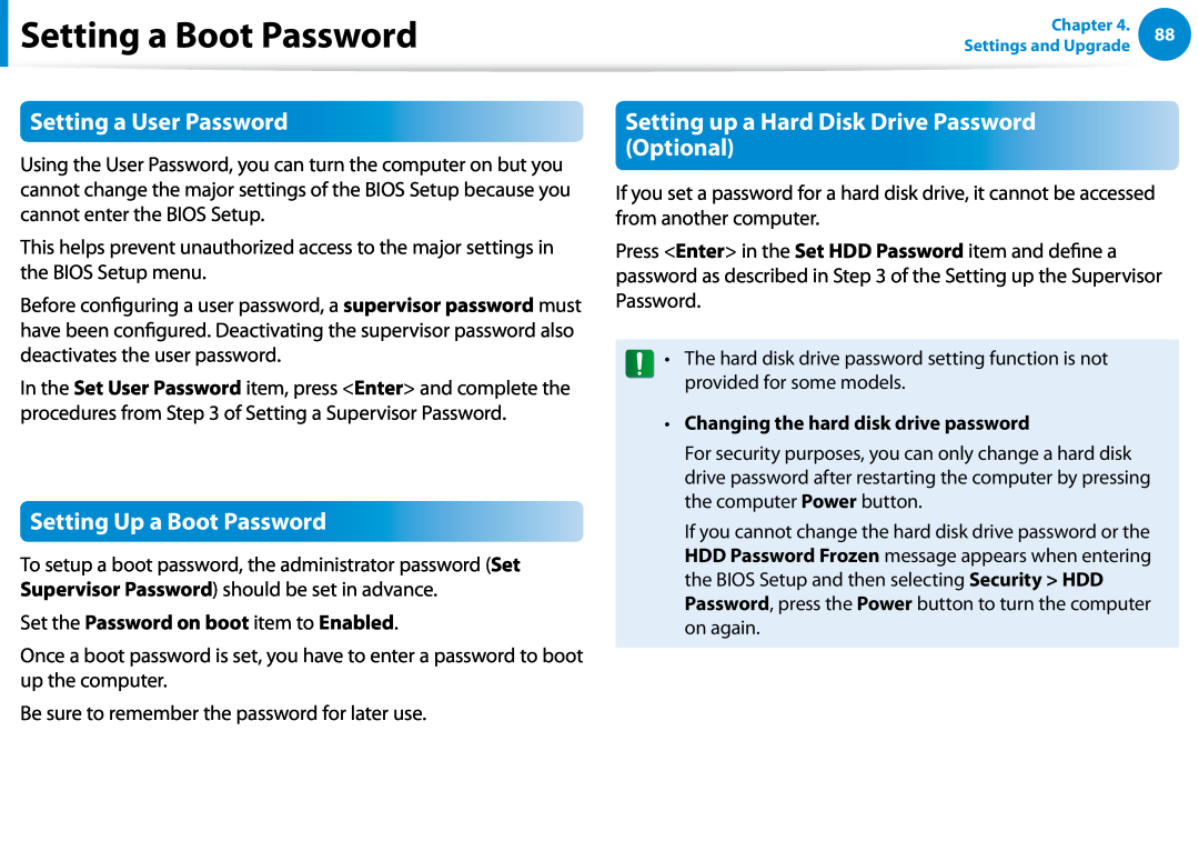 Samsung NP900X3DA01US Setting a User Password, Setting Up a Boot Password, Setting up a Hard Disk Drive Password Optional 