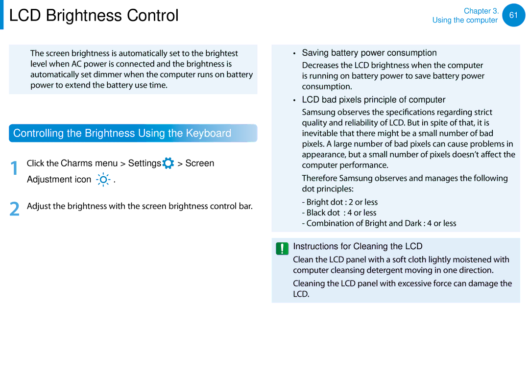 Samsung NP900X4C-A01US, NP900X3D-A02US manual LCD Brightness Control, Controlling the Brightness Using the Keyboard 