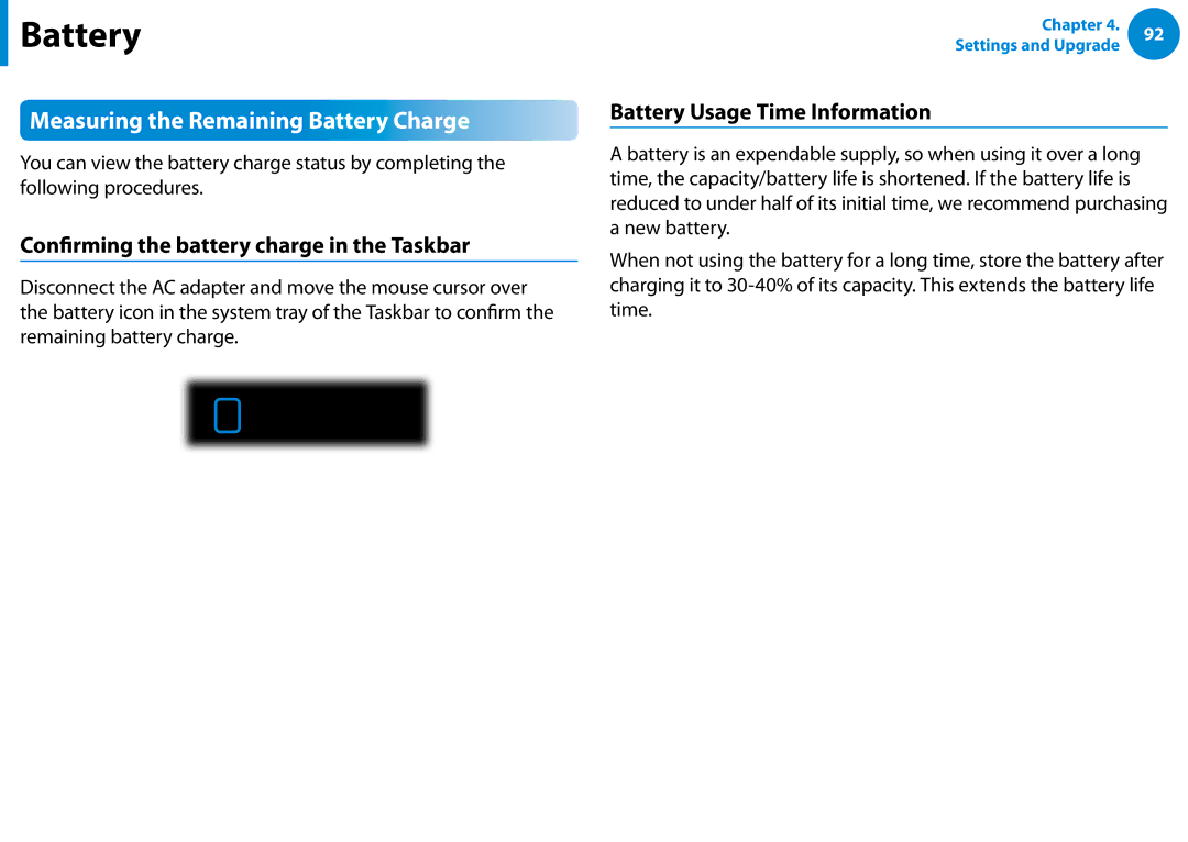 Samsung NP900X3D-A01US manual Measuring the Remaining Battery Charge, Confirming the battery charge in the Taskbar 