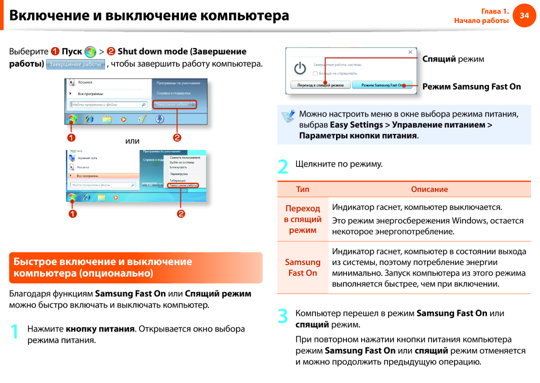 Samsung NP900X3C-A03EE manual Выберите z Пуск x Shut down mode Завершение Работы, Спящий режим Режим Samsung Fast On 