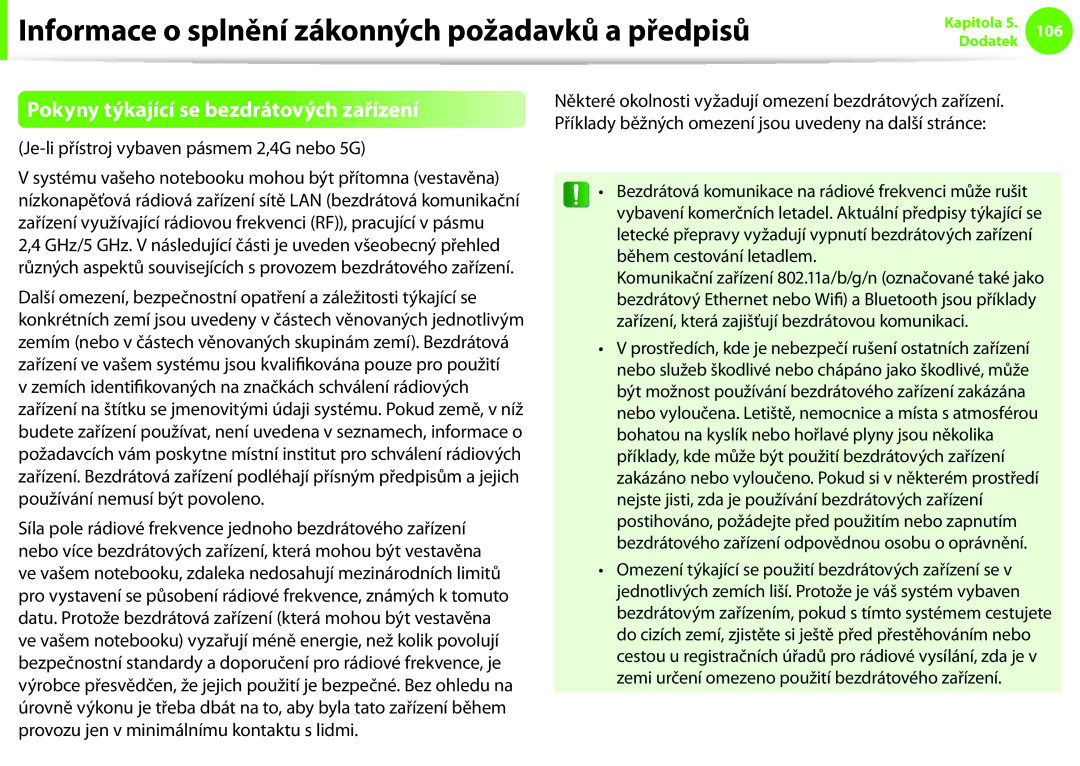 Samsung NP900X3E-K03CZ manual Informace o splnění zákonných požadavků a předpisů, Pokyny týkající se bezdrátových zařízení 