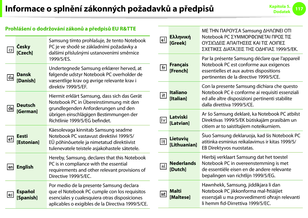 Samsung NP900X3F-K01CH Česky, Czech, Dansk, Danish, Deutsch, German, Eesti, Estonian, English, Español, Spanish, Ελληνική 