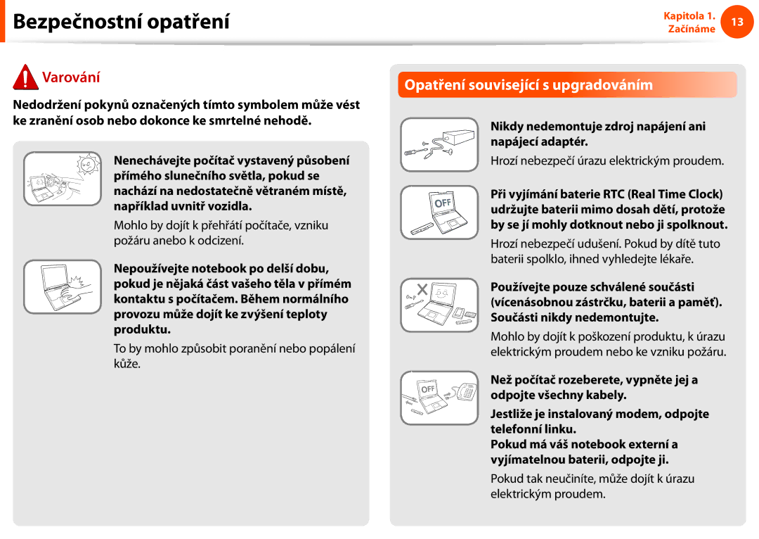 Samsung NP900X3E-K01CZ manual Opatření související s upgradováním, To by mohlo způsobit poranění nebo popálení kůže 