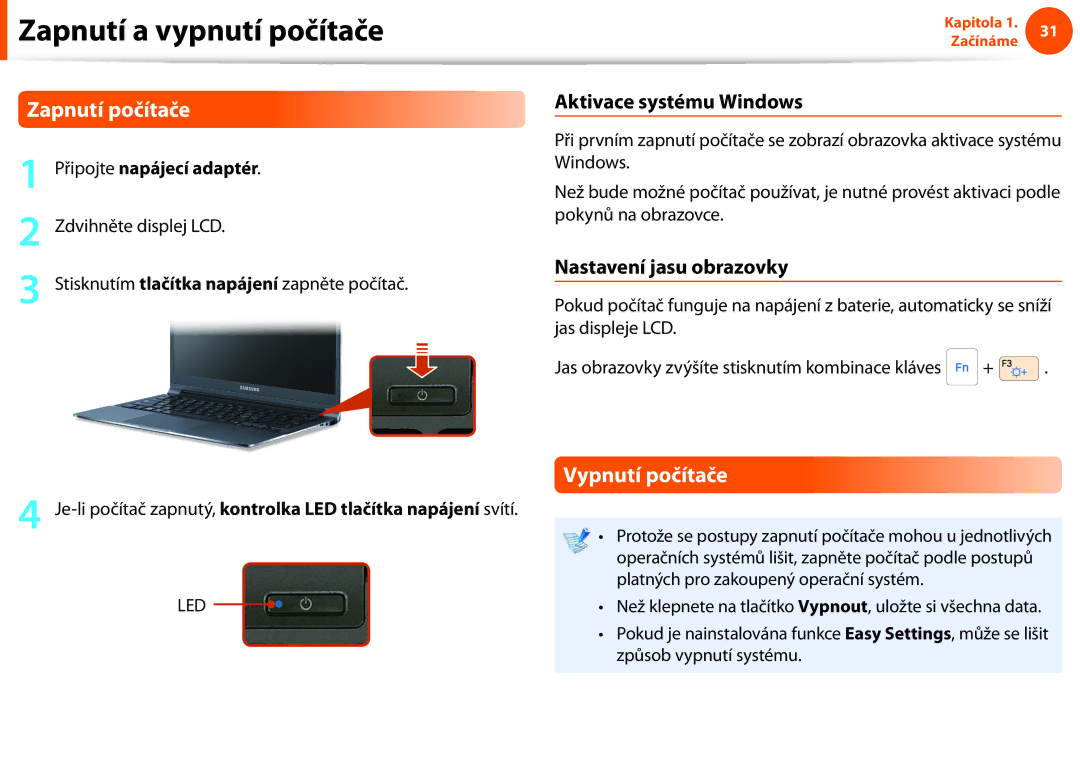 Samsung NP400B5C-A01PL manual Zapnutí a vypnutí počítače, Zapnutí počítače, Vypnutí počítače, Aktivace systému Windows 