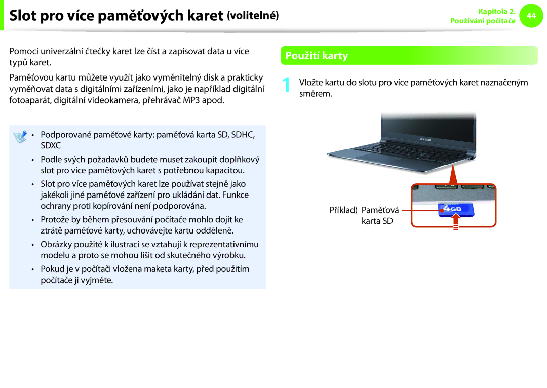 Samsung NP900X3C-A03DE, NP900X3E-K02AT, NP900X3F-K01AT Použití karty, Ochrany proti kopírování není podporována, Karta SD 