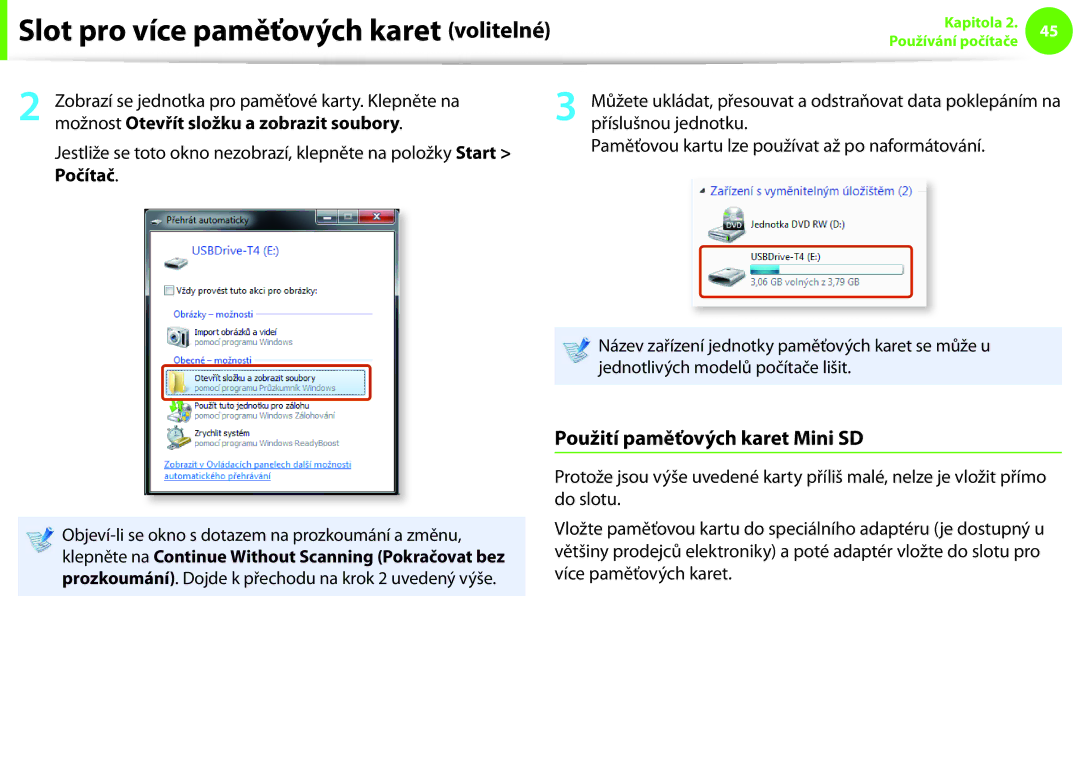 Samsung NP900X3F-K01AT, NP900X3E-K02AT manual Slot pro více paměťových karet volitelné, Použití paměťových karet Mini SD 