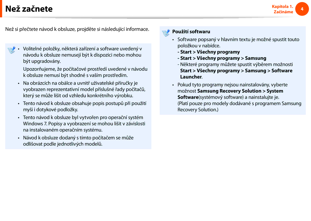 Samsung NP900X4C-A01CZ manual Než začnete, Použití softwaru, Start Všechny programy Start Všechny programy Samsung 