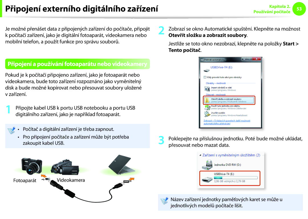 Samsung NP400B5C-A01PL manual Připojení externího digitálního zařízení, Připojení a používání fotoaparátu nebo videokamery 