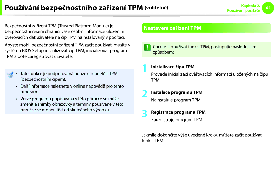 Samsung NP900X3E-K03CZ, NP900X3E-K02AT manual Používání bezpečnostního zařízení TPM volitelné, Inicializace čipu TPM 