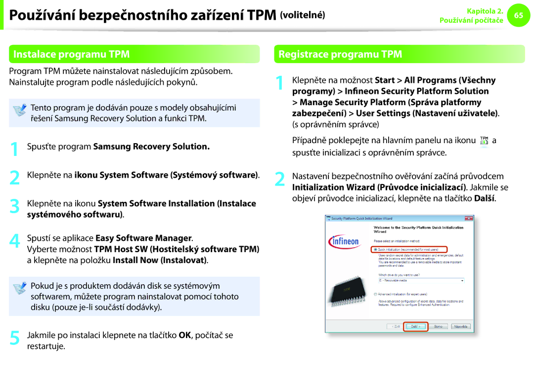 Samsung NP900X3E-K02AT manual Instalace programu TPM, Spusťte program Samsung Recovery Solution, Systémového softwaru 