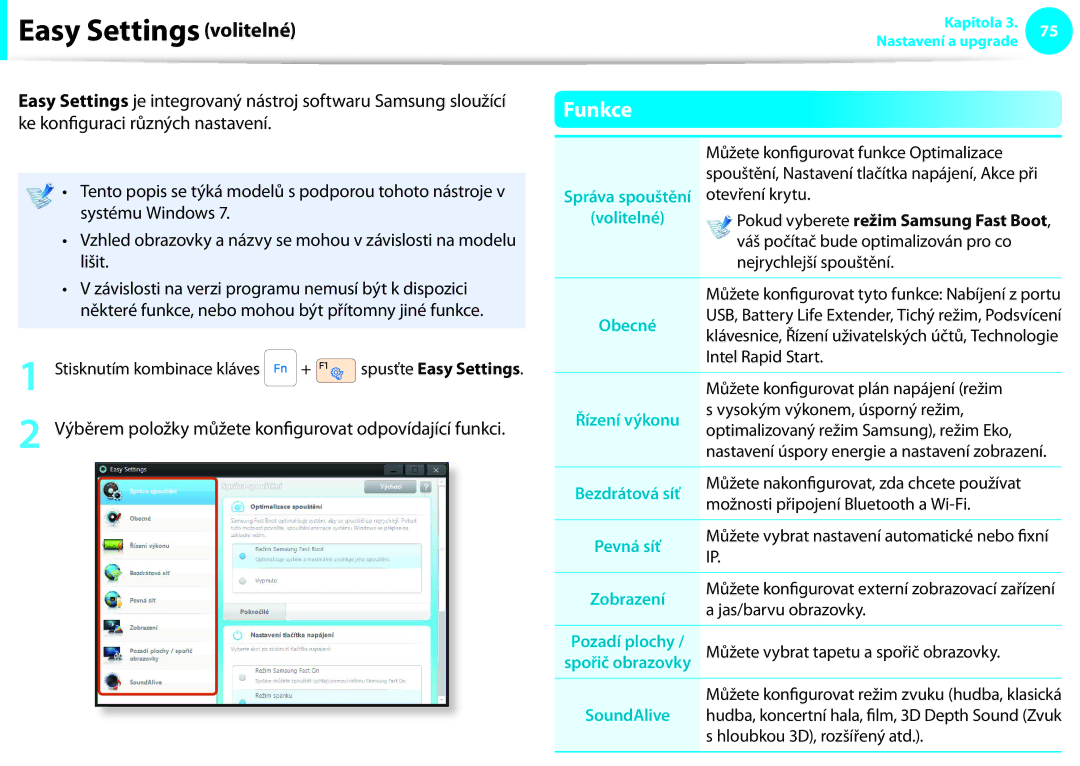 Samsung NP400B5C-A01PL manual Easy Settings volitelné, Funkce, Výběrem položky můžete konfigurovat odpovídající funkci 