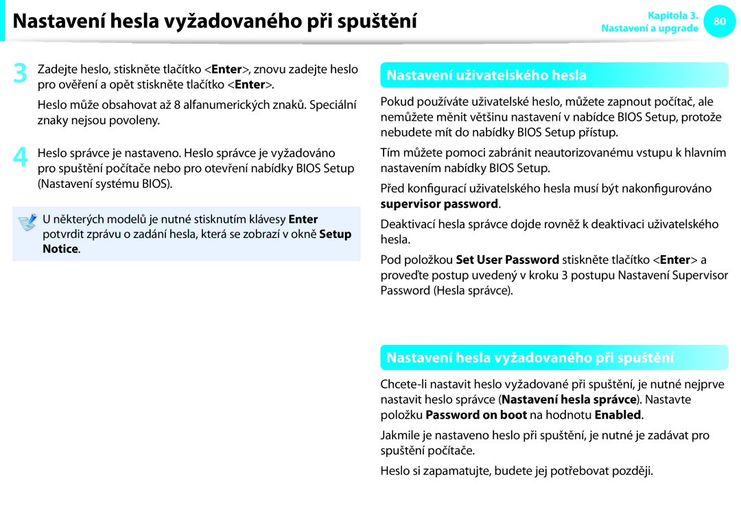 Samsung NP900X3C-A01CZ, NP900X3E-K02AT manual Nastavení hesla vyžadovaného při spuštění, Nastavení uživatelského hesla 