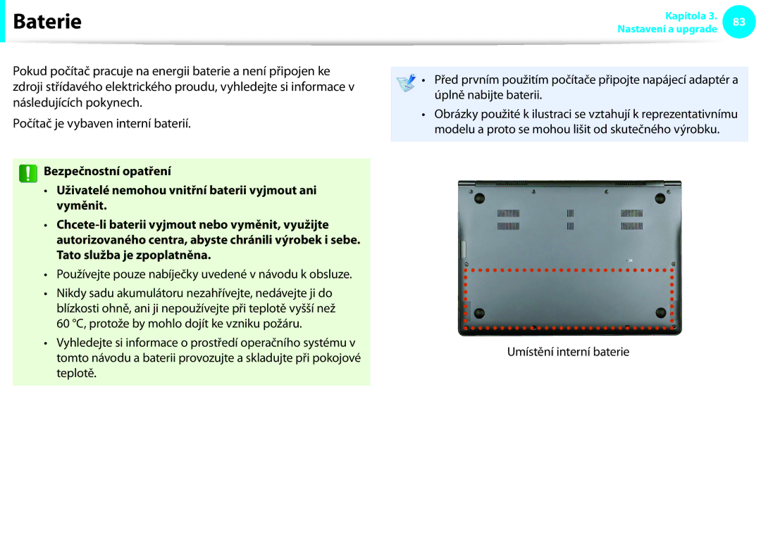 Samsung NP900X3F-G01CH manual Baterie, Používejte pouze nabíječky uvedené v návodu k obsluze, Umístění interní baterie 