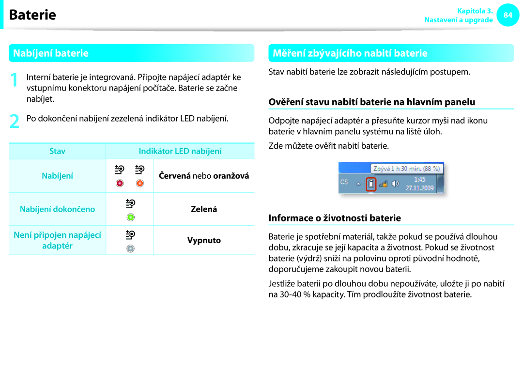 Samsung NP900X3E-K03CZ Nabíjení baterie, Měření zbývajícího nabití baterie, Ověření stavu nabití baterie na hlavním panelu 