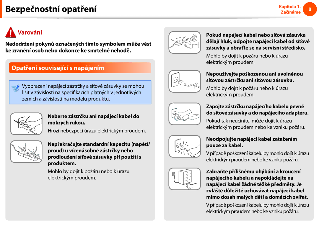 Samsung NP900X3E-A01CZ manual Opatření související s napájením, Neberte zástrčku ani napájecí kabel do mokrých rukou 