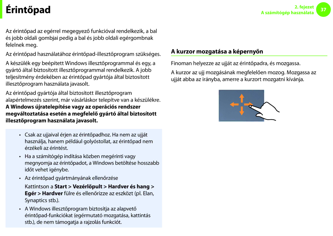 Samsung NP900X3C-A02CH, NP900X3E-K02AT manual Érintőpad, Az érintőpad alapvető funkciói, Kurzor mozgatása a képernyőn 