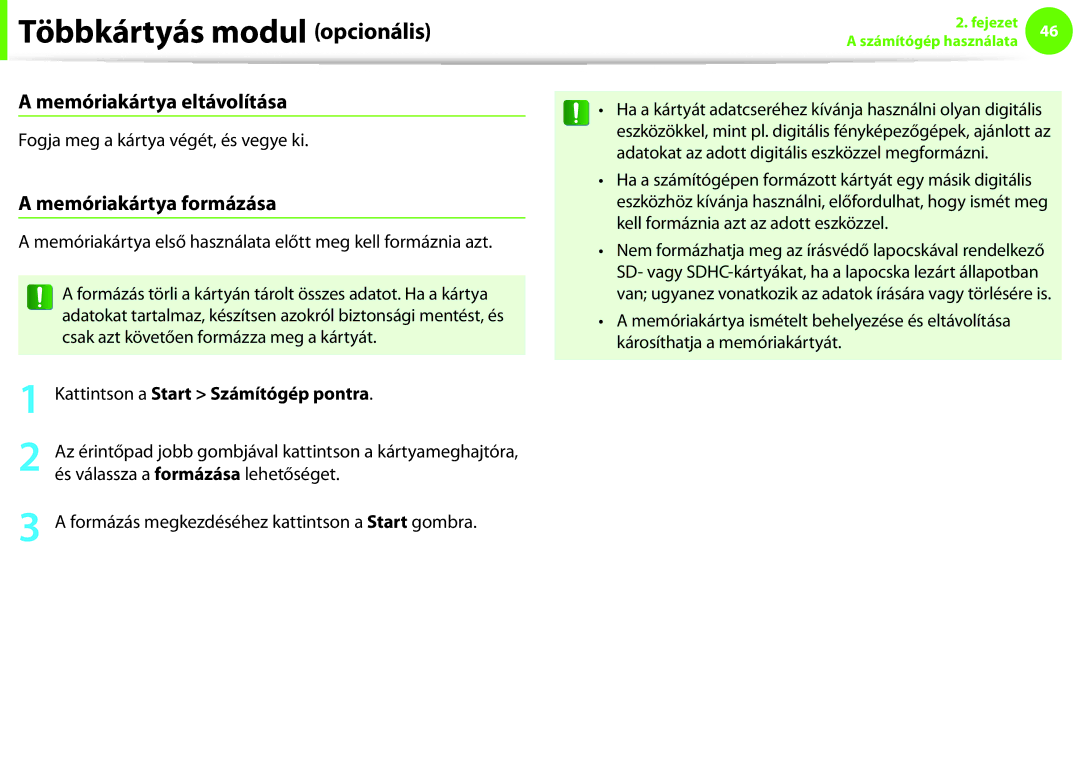 Samsung NP900X3F-G01DE manual Memóriakártya eltávolítása, Memóriakártya formázása, Kattintson a Start Számítógép pontra 