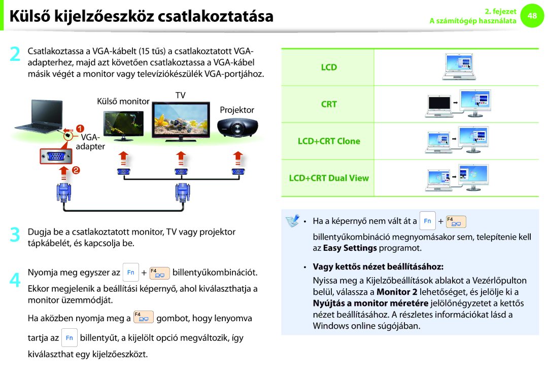 Samsung NP900X3C-A02IT, NP900X3E-K02AT manual Külső kijelzőeszköz csatlakoztatása, Külső monitor TV, Adapter Projektor 