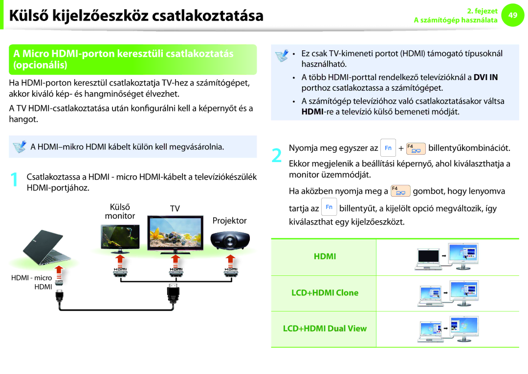 Samsung NP900X3C-A01IT manual Micro HDMI-porton keresztüli csatlakoztatás, Opcionális, Monitor üzemmódját HDMI-portjához 