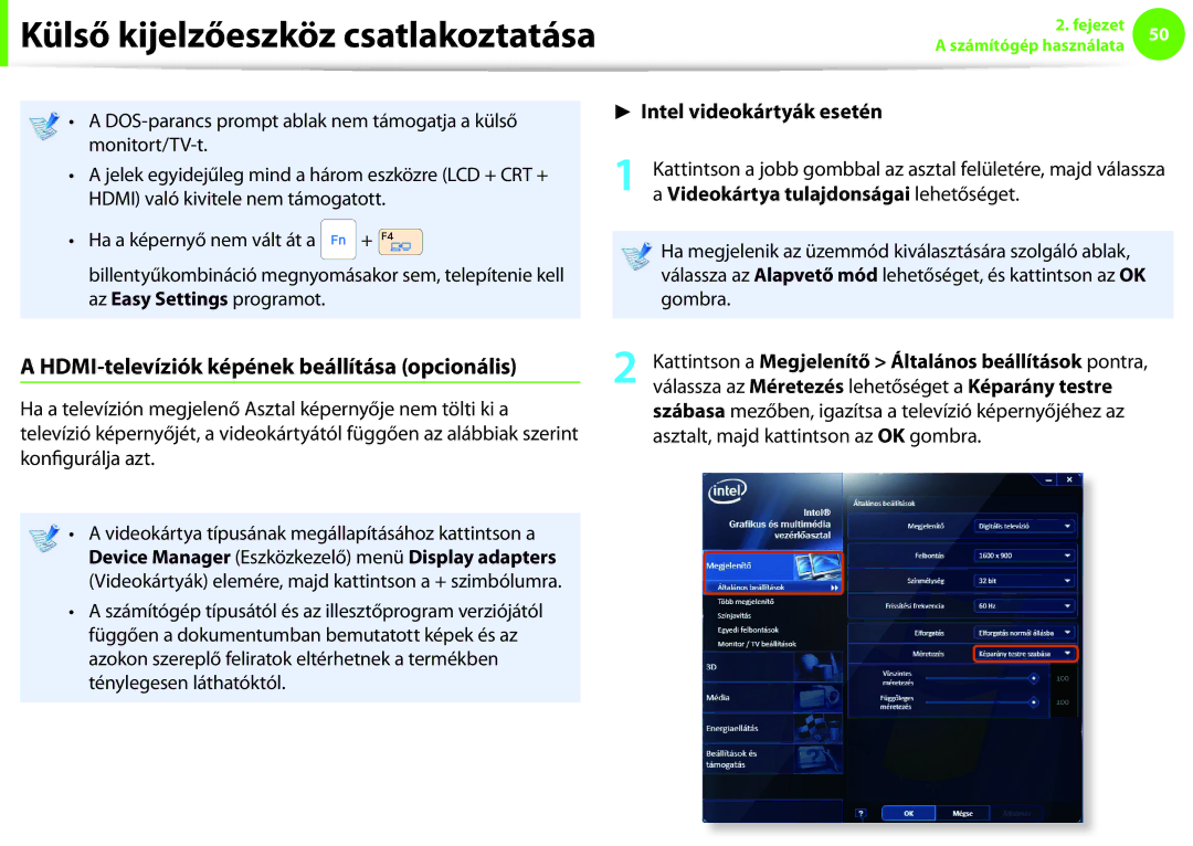 Samsung NP900X4C-A01IT, NP900X3E-K02AT manual HDMI-televíziók képének beállítása opcionális, Intel videokártyák esetén 