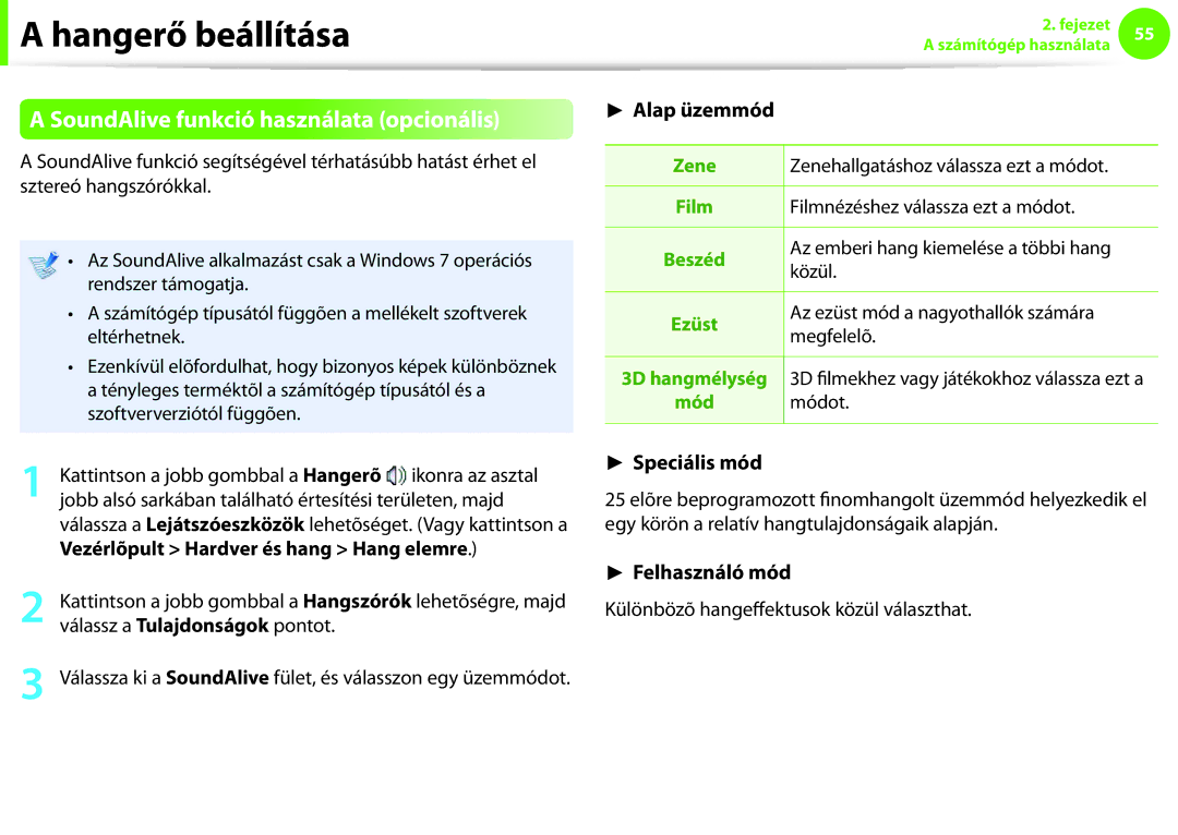 Samsung NP900X3E-K02HU, NP900X3E-K02AT, NP900X3C-A07DE, NP900X3C-A03DE manual SoundAlive funkció használata opcionális 