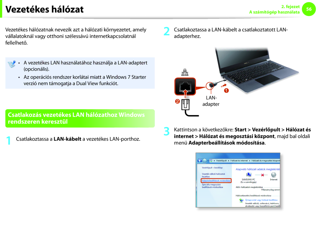 Samsung NP900X3F-G01CH, NP900X3E-K02AT manual Vezetékes hálózat, Csatlakoztassa a LAN-kábelta vezetékes LAN-porthoz, Adapter 