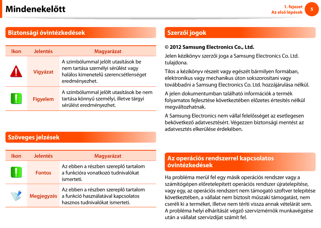 Samsung NP900X4D-K01DE, NP900X3E-K02AT, NP900X3C-A07DE manual Biztonsági óvintézkedések, Szöveges jelzések, Szerzői jogok 