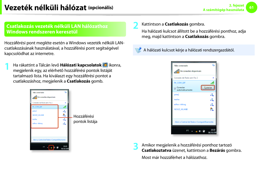 Samsung NP900X3E-A01SE, NP900X3E-K02AT manual Hozzáférési pontok listája, Amikor megjelenik a hozzáférési ponthoz tartozó 