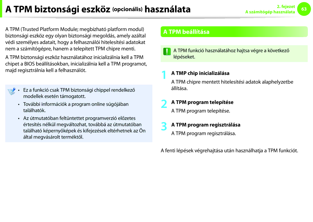 Samsung NP900X3C-A06SE manual TPM biztonsági eszköz opcionális használata, TPM beállítása, TMP chip inicializálása 