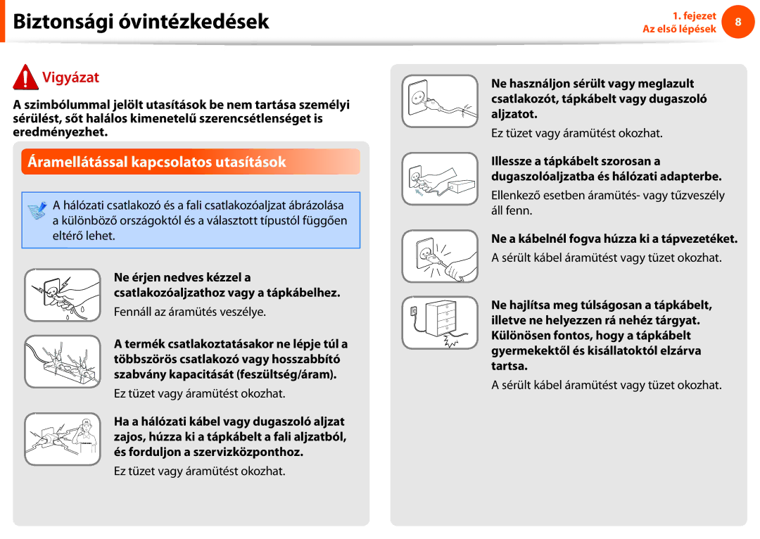 Samsung NP900X4C-A01IT, NP900X3E-K02AT, NP900X3C-A07DE Áramellátással kapcsolatos utasítások, Fennáll az áramütés veszélye 