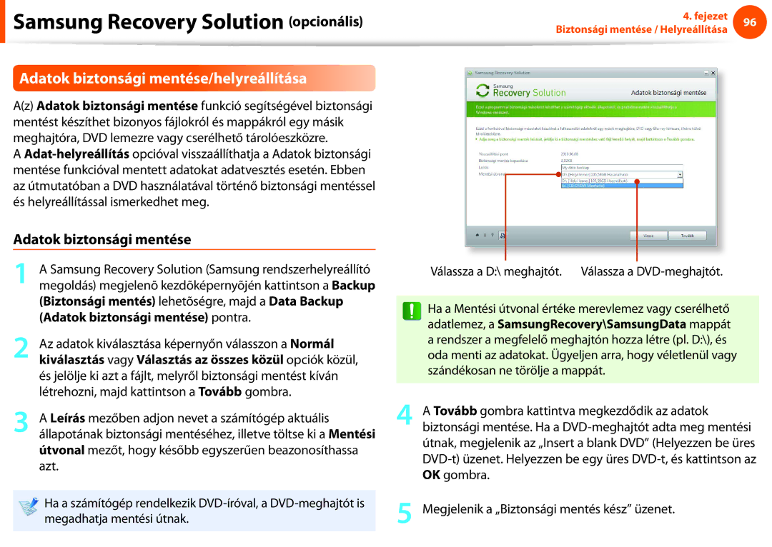 Samsung NP400B5C-A01PL manual Adatok biztonsági mentése/helyreállítása, Létrehozni, majd kattintson a Tovább gombra 