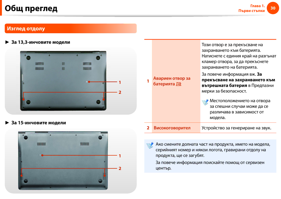 Samsung NP900X3F-K01BG manual Изглед отдолу, За 13,3-инчовите модели За 15-инчовите модели 