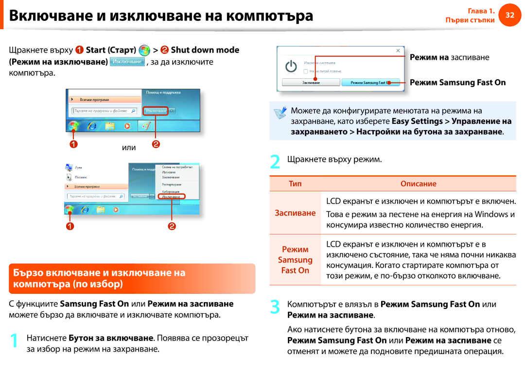 Samsung NP900X3F-K01BG manual Включване и изключване на компютъра, Бързо включване и изключване на компютъра по избор 