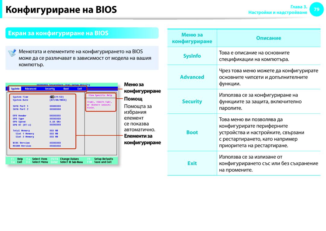 Samsung NP900X3F-K01BG manual Екран за конфигуриране на Bios, Менюза, Помощ, Елементиза 
